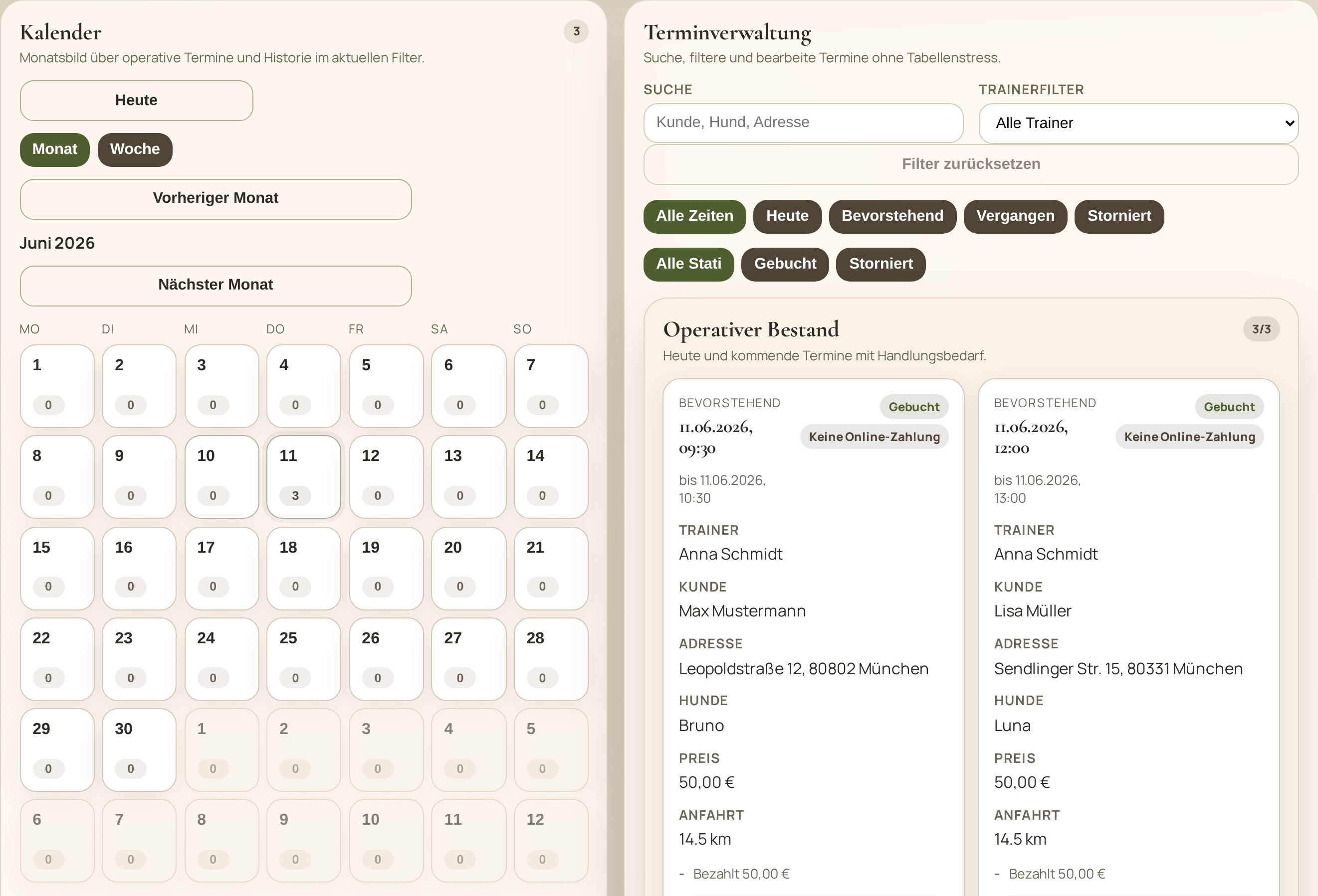 Caneflow Verwaltung: Kalender und Terminliste mit Filtern