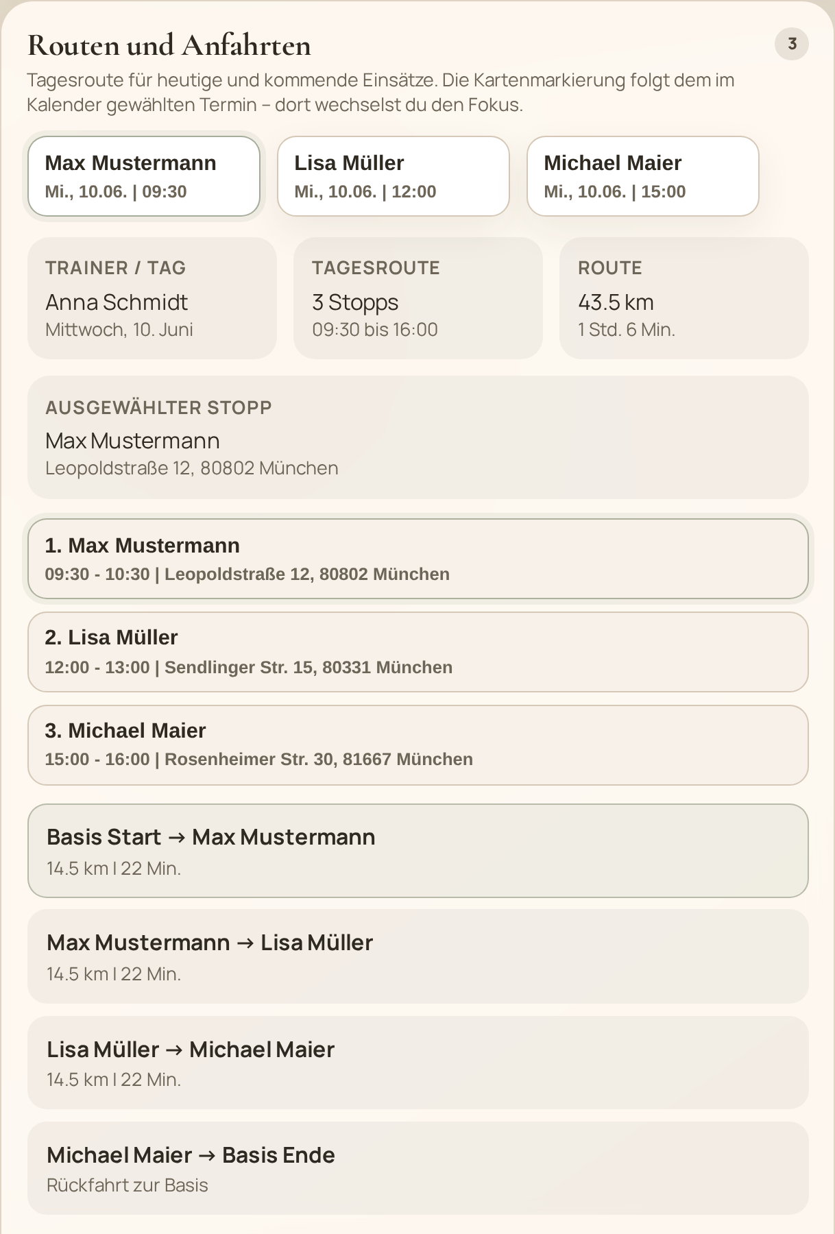 Caneflow Routenplanung: Karte mit Tagesroute und Anfahrtszeiten zwischen Terminen